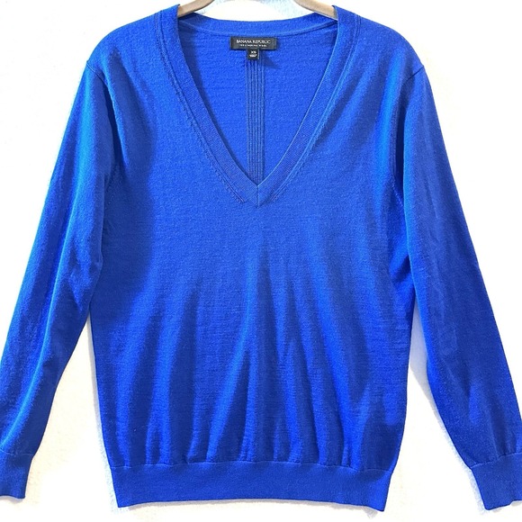 BANANA REPUBLIC XS Merino Wool Sweater Cobalt Blue V-Neck Long Sleeve - Picture 1 of 8